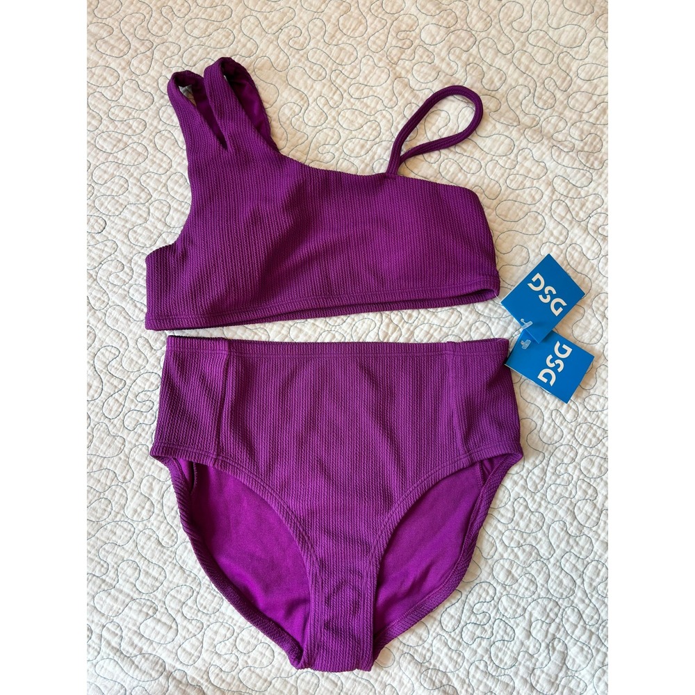 DSG Girls XL Vibrant Violet Smocked‎ One Shoulder High Waisted Bikini Set